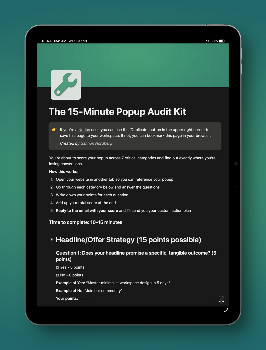 iPad mockup with the 15-Minute Popup Audit Kit in a Notion document